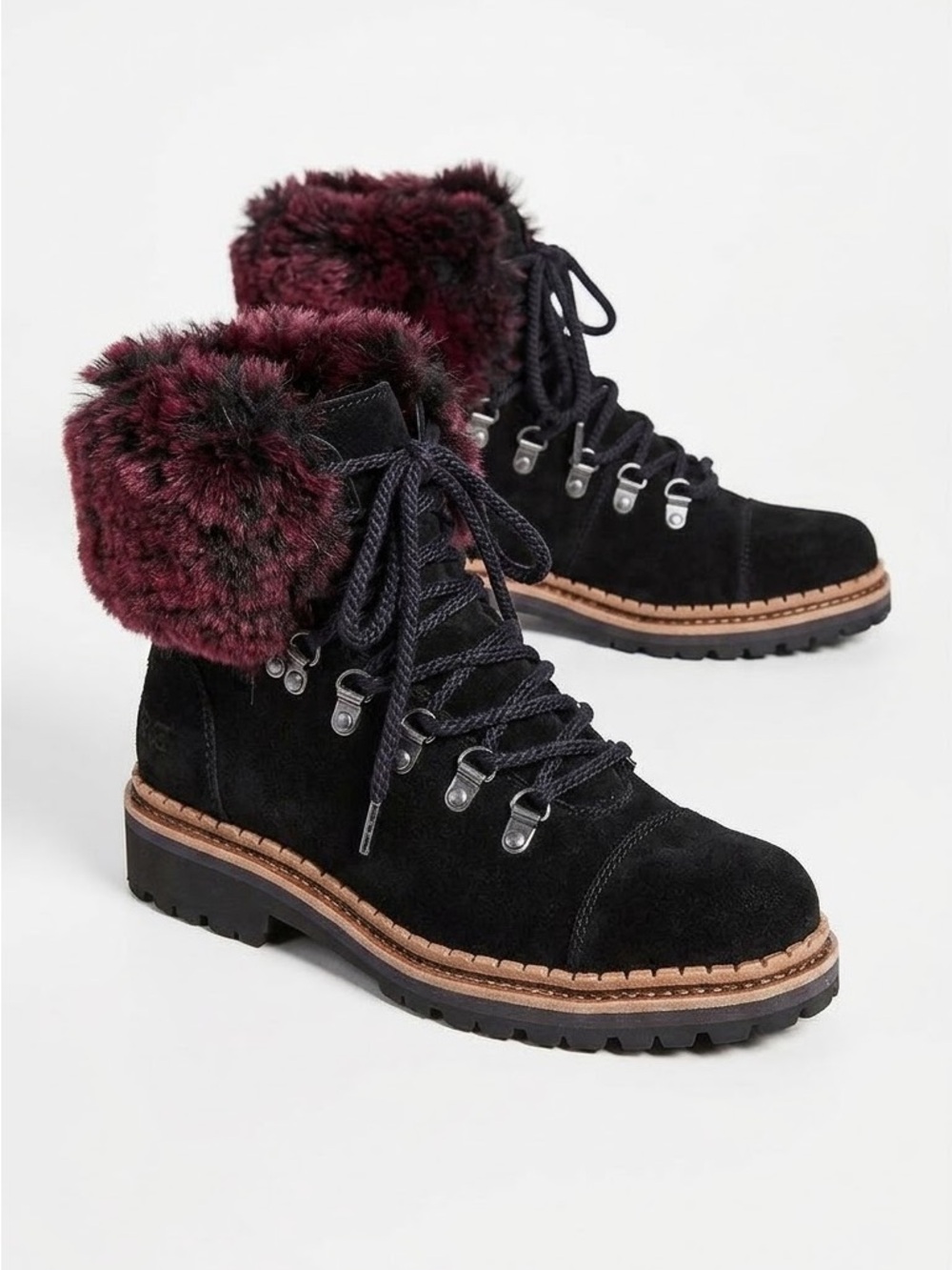 Sam Edelman Bowen Combat Boots Black Suede Raspberry Wine Faux Fur Cuff Size 8.5